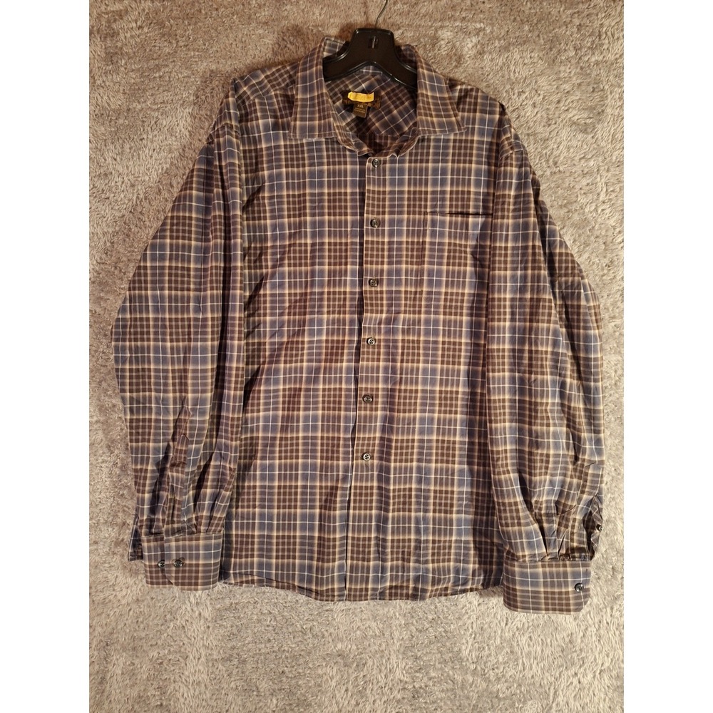 Pronto Uomo Blue Mens XXL Plaid Button Down Shirt Brown Blue Cotton Long Sleeve